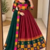 South Indian Style Flared Cotton Silk Festive Long Frock with Multicolor Checks Border & Dupatta - Image 7