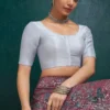 Square Neck Raw Silk Saree Blouse with Elbow Sleeves | Padded Backless Dori Readymade Choli - Image 3
