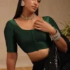 Square Neck Raw Silk Saree Blouse with Elbow Sleeves | Padded Backless Dori Readymade Choli - Image 7