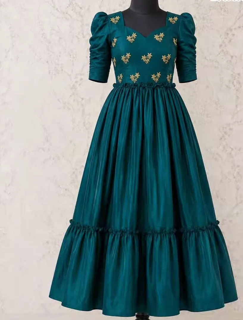 Teal Blue Embroidered Puff Sleeve Midi Dress | Designer Party Wear Ruffled Gown