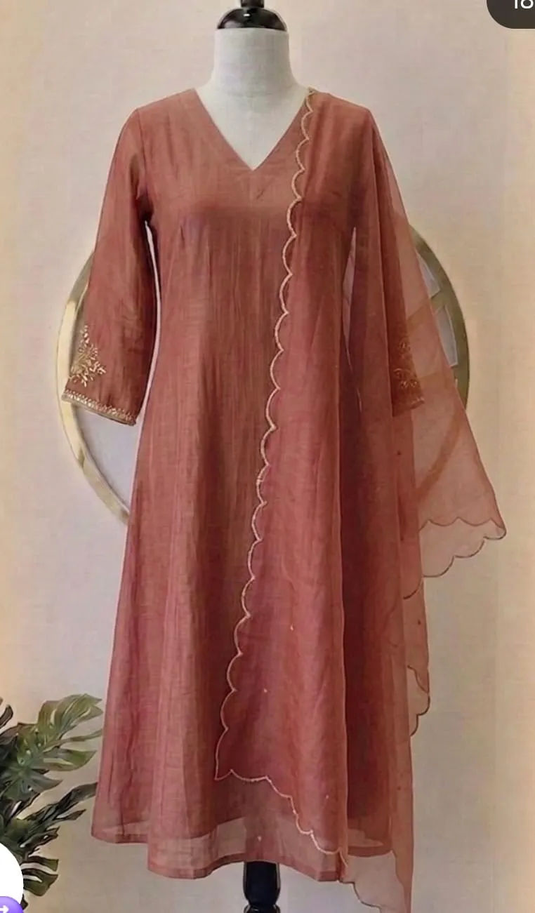 Terracotta Rust Chanderi Silk A-Line Kurta Set with Scallop Organza Dupatta & Embroidered Sleeves | Festive Ethnic Suit
