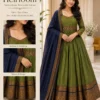 Traditional South Indian Style Flared Anarkali Long Frock with Zari Weave Belt & Border Dupatta