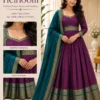 Traditional South Indian Style Flared Anarkali Long Frock with Zari Weave Belt & Border Dupatta - Image 2