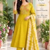 Tulsi Embroidered Roman Silk A-Line Kurti Pant Set with Tie-Dye Chanderi Dupatta (Set of 3) - Image 7