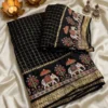 Viscose Georgette Zari Checks Saree with 3D Elephant Digital Print Border | Royal Heritage Motif Saree with Running Blouse - Image 4