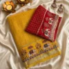 Viscose Georgette Zari Checks Saree with 3D Elephant Digital Print Border | Royal Heritage Motif Saree with Running Blouse - Image 8