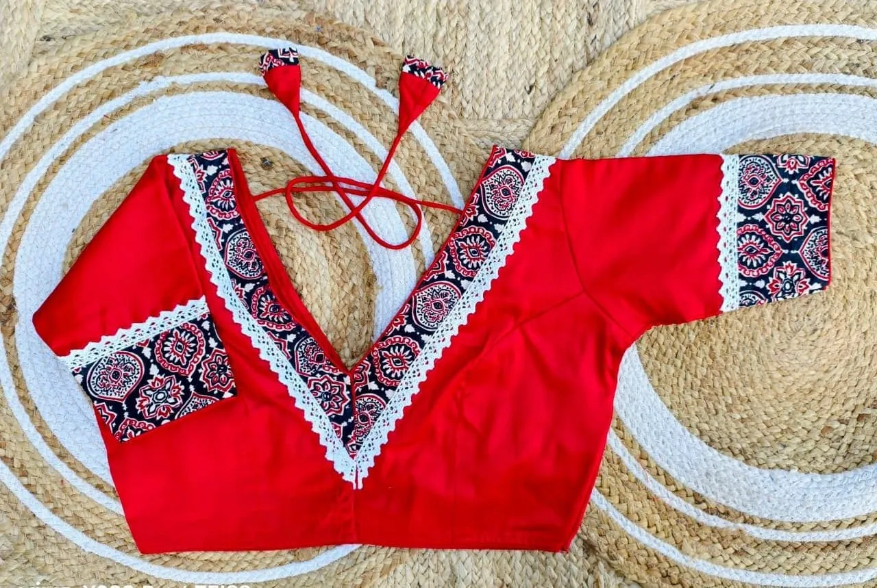 Wholesale Malai Cotton Ajrakh Print Lace V-Neck Blouse – Front Open Non-Padded Saree Blouse with Glass Sleeves (Free Size 32–44) - Image 6