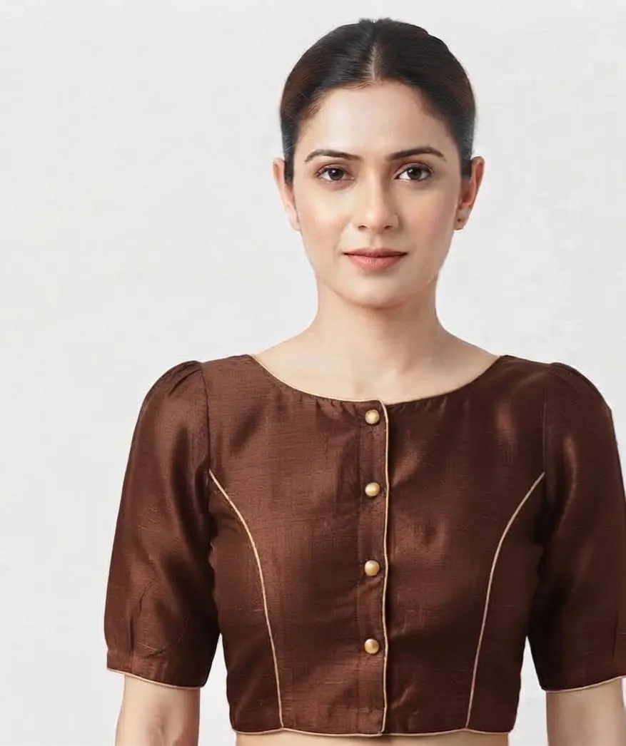 Wholesale Plain Raw Silk Saree Blouse | Designer Front Buttoned & Back Open Blouse Bulk Supplier - Image 5