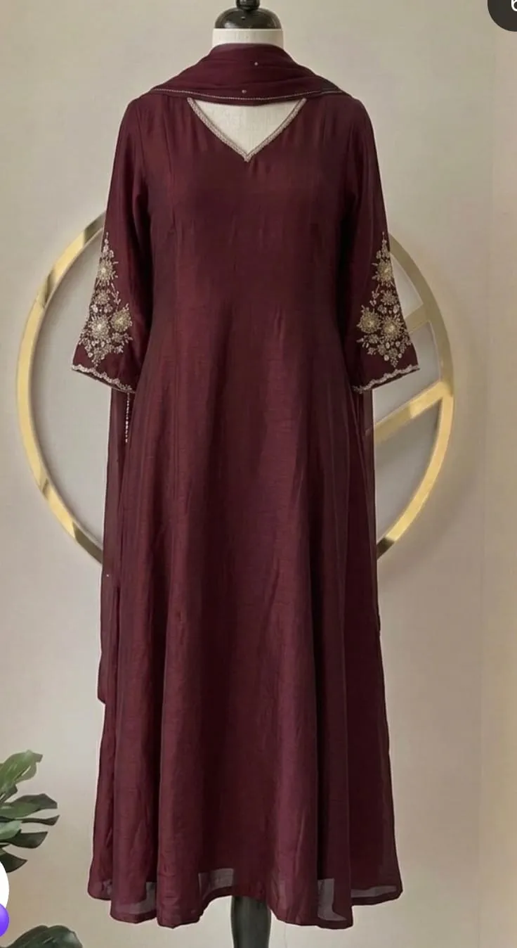 Wine Burgundy Chanderi Silk Flared Anarkali Suit Set with Embroidered Sleeves & Dupatta | Royal Festive Wedding Wear