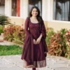 Wine Embroidered Anarkali Suit Set with Woven Zari Border & Dupatta