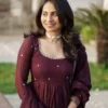 Wine Embroidered Anarkali Suit Set with Woven Zari Border & Dupatta - Image 2