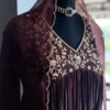 Wine Georgette Pleated Anarkali Suit Set | Handcrafted Floral Zardozi Bodice Gown with Scallop Dupatta