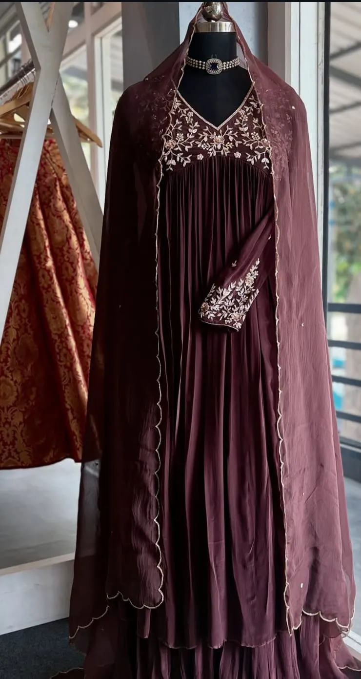 Wine Georgette Pleated Anarkali Suit Set | Handcrafted Floral Zardozi Bodice Gown with Scallop Dupatta - Image 2