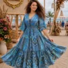 Women V-Neck Lace-Up Silk Maxi Dress | Flared Sleeve Resort Wear
