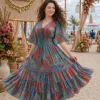 Women V-Neck Lace-Up Silk Maxi Dress | Flared Sleeve Resort Wear - Image 2