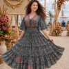 Women V-Neck Lace-Up Silk Maxi Dress | Flared Sleeve Resort Wear - Image 3