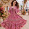 Women V-Neck Lace-Up Silk Maxi Dress | Flared Sleeve Resort Wear - Image 4