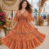 Women V-Neck Lace-Up Silk Maxi Dress | Flared Sleeve Resort Wear - Image 5