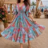 Women V-Neck Lace-Up Silk Maxi Dress | Flared Sleeve Resort Wear - Image 6