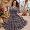 Women V-Neck Lace-Up Silk Maxi Dress | Flared Sleeve Resort Wear - Image 7