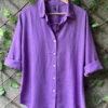 Women's Cotton Linen Blend Oversized Button-Down Shirt | Casual Loose Fit Pop-Up Collar Shirt (Free Size up to 44 Bust) - Image 2