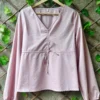 Women's Cotton V-Neck Ruched Front Top – Tie-Up Peplum Blouse with Balloon Sleeves (M to XXL) - Image 2