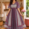 Women's Printed Georgette Flared Maxi Dress with Flutter Sleeves | Free Size Up to 46 (Bust 38–46") Casual Boho Long Gown - Image 4