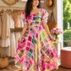 Women's Printed Georgette Flared Maxi Dress with Flutter Sleeves | Free Size Up to 46 (Bust 38–46") Casual Boho Long Gown - Image 9