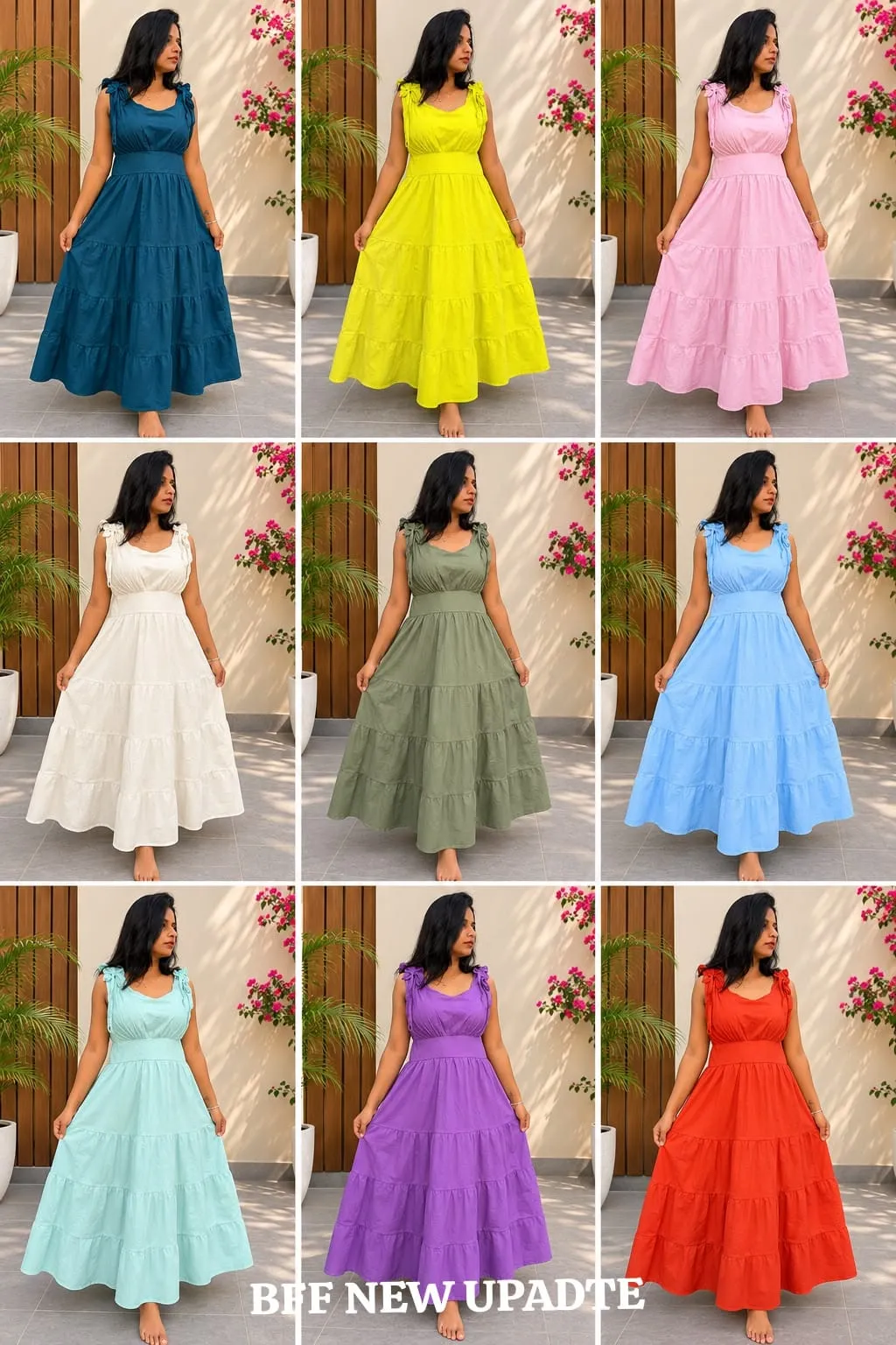 Women's Pure Cotton Poplin Tiered Flare Dress | Shoulder Tie-Up Long Frock |