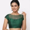 Women's Readymade Boat Neck Saree Blouse with Sheer Net Yoke | Back Hook Padded Party Wear Blouse Crop Top - Image 3