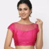 Women's Readymade Boat Neck Saree Blouse with Sheer Net Yoke | Back Hook Padded Party Wear Blouse Crop Top - Image 4