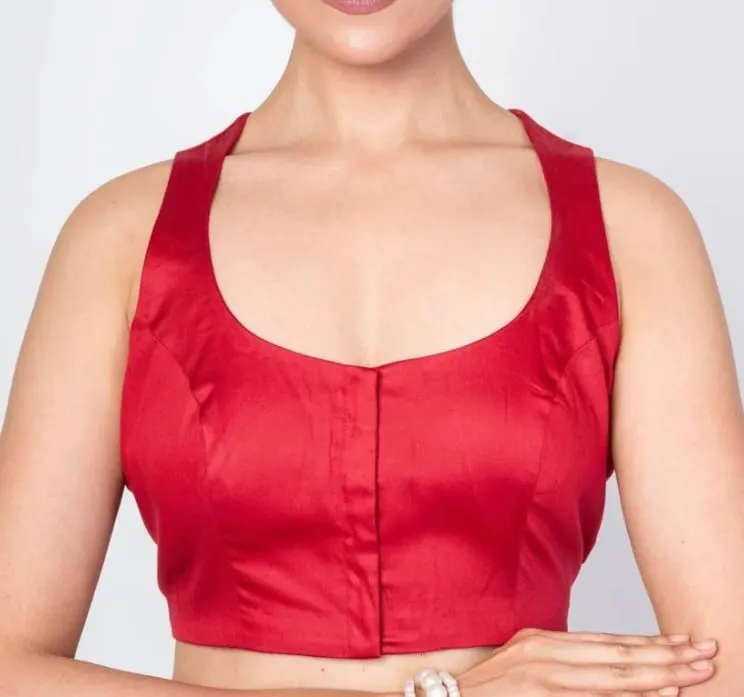 Women's Readymade Raw Silk Blouse for Sarees & Lehengas | Padded Sleeveless Scoop Sweetheart Neck Partywear Blouse (Red)
