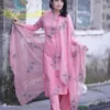 Baby Pink Handloom Cotton Embroidered Kurti Pant Set with Scalloped Cutwork Organza Silk Dupatta - Image 2