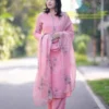 Baby Pink Handloom Cotton Embroidered Kurti Pant Set with Scalloped Cutwork Organza Silk Dupatta - Image 3