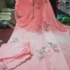 Baby Pink Handloom Cotton Embroidered Kurti Pant Set with Scalloped Cutwork Organza Silk Dupatta - Image 4