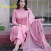 Baby Pink Handloom Cotton Embroidered Kurti Pant Set with Scalloped Cutwork Organza Silk Dupatta - Image 5