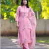 Baby Pink Handloom Cotton Embroidered Kurti Pant Set with Scalloped Cutwork Organza Silk Dupatta - Image 6