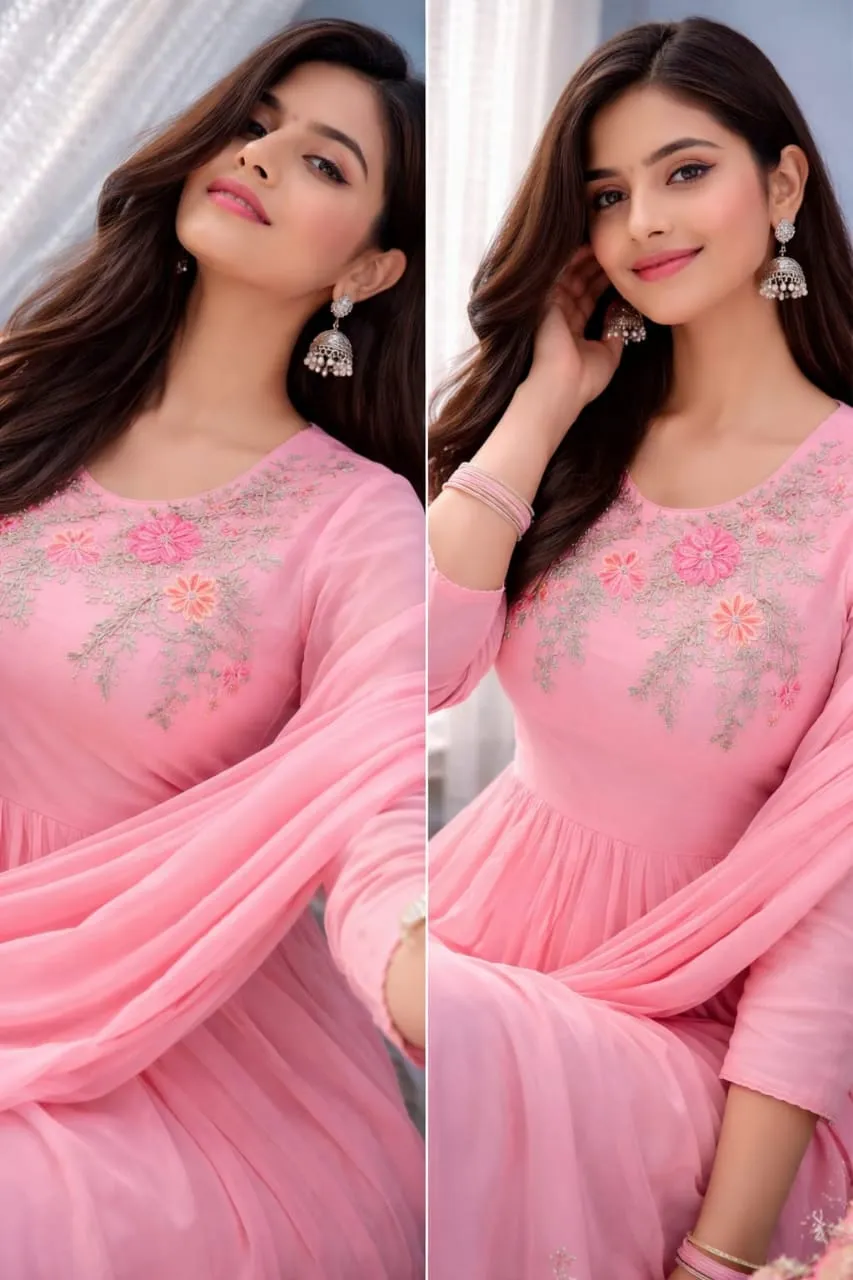 Baby Pink Pure Cotton 60/60 Embroidered Anarkali Kurti Pant Set with Mulmul Dupatta