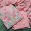 Baby Pink Pure Cotton 60/60 Embroidered Anarkali Kurti Pant Set with Mulmul Dupatta - Image 4