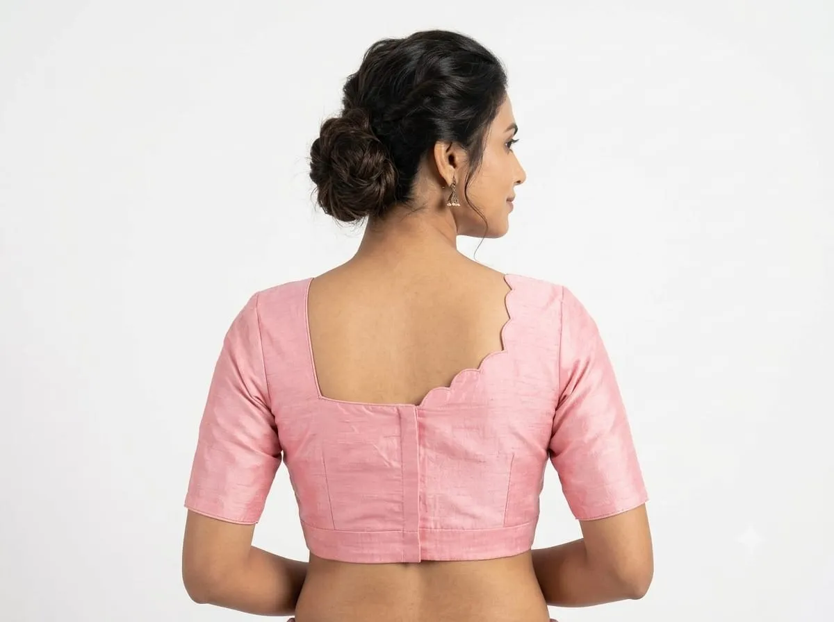 Baby Pink Raw Silk Readymade Saree Blouse | Sweetheart Scallop Neck Asymmetric Back Padded Blouse with Elbow Sleeves