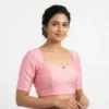 Baby Pink Raw Silk Readymade Saree Blouse | Sweetheart Scallop Neck Asymmetric Back Padded Blouse with Elbow Sleeves - Image 2