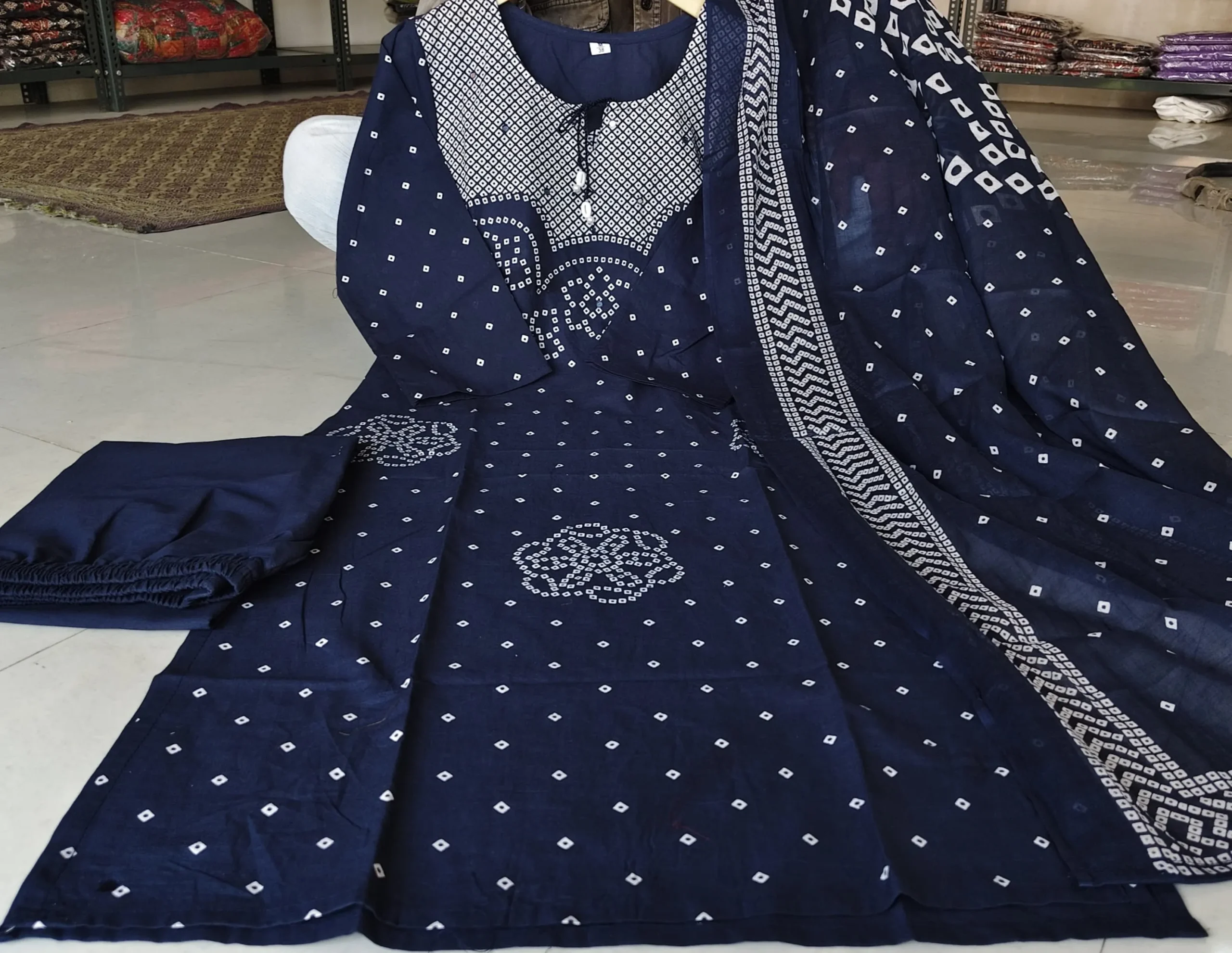 Bandhani Discharge Print Pure Cotton Kurti Pant Set with Dupatta – 3-Piece Suit with Side Pocket & Cowrie Dori Detailing | Daily & Festive Wear