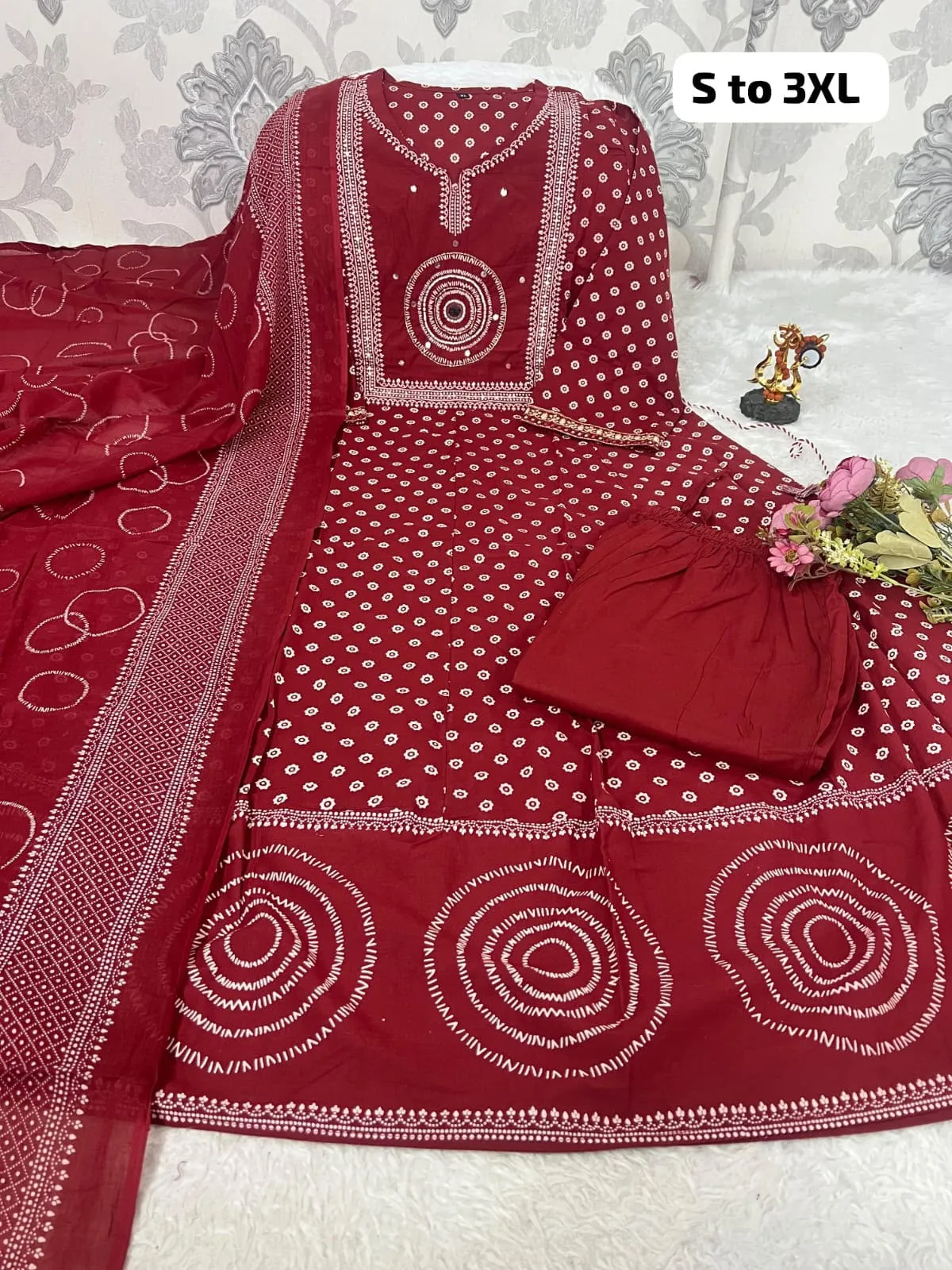 Bandhani Print Mirror Work Anarkali Kurta Pant Set