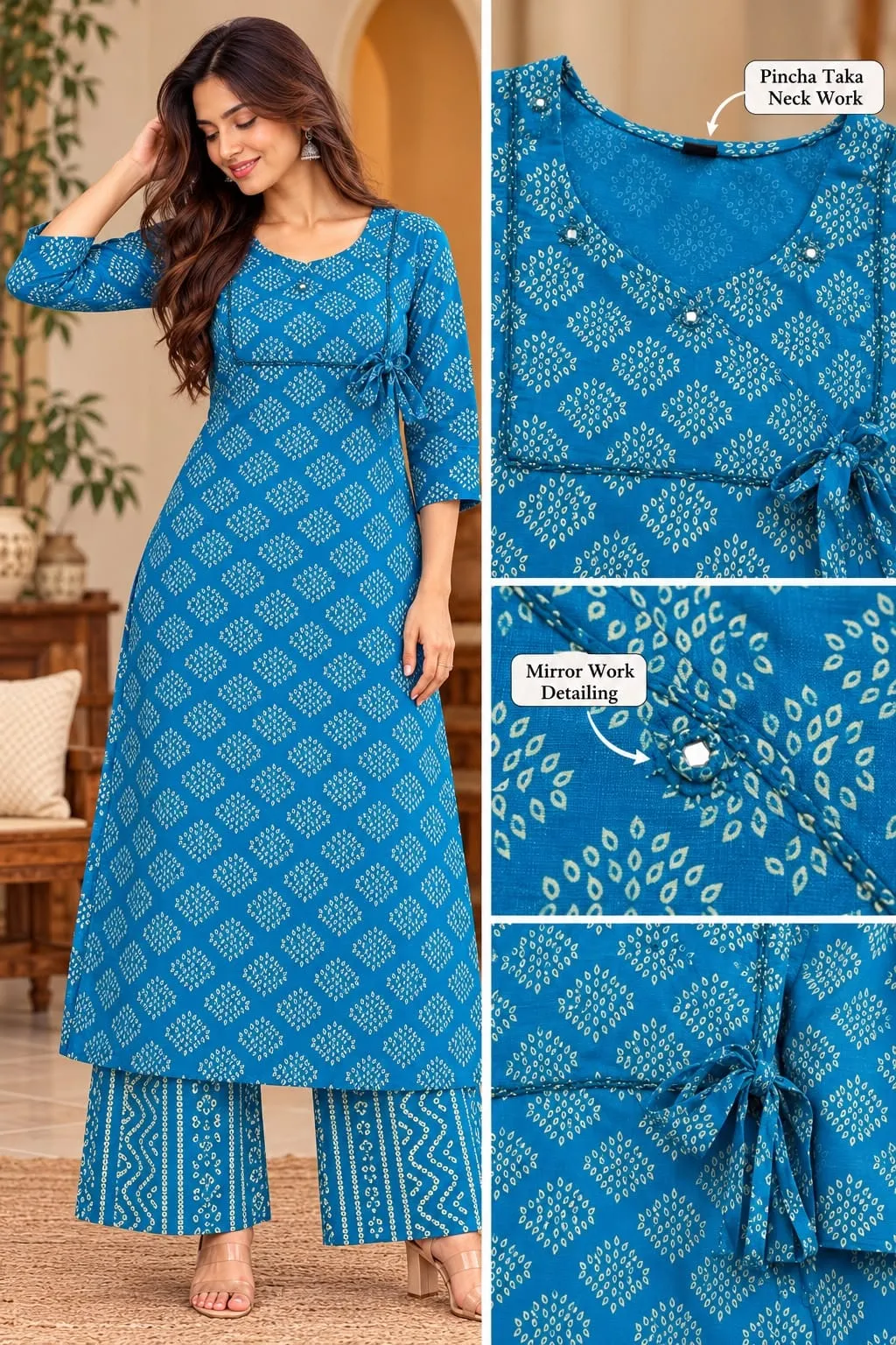 Bandhej Angrakha Kurti with Palazzo 2 Piece Set