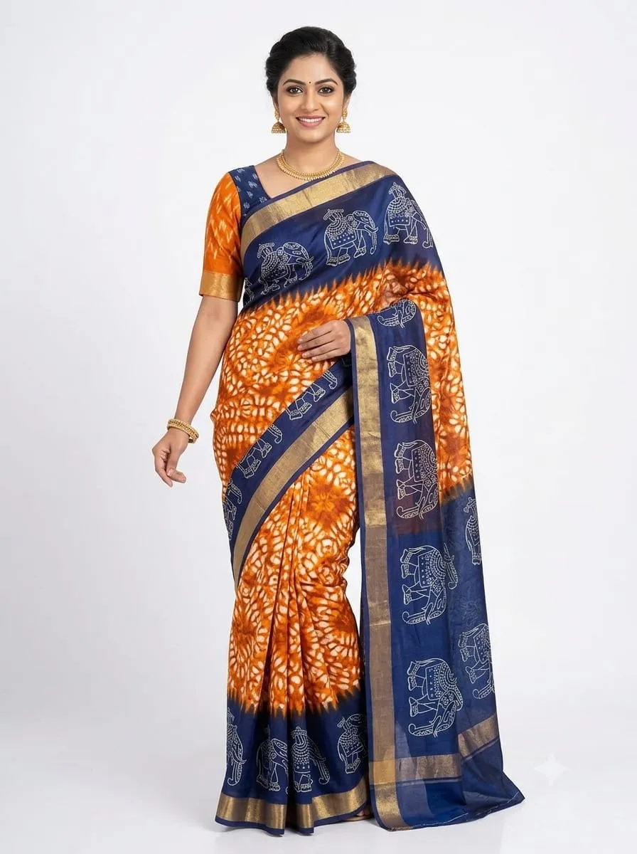 Batik Print Malai Silk Sarees Wholesale | Elephant Motif Pallu & Zari Border Festive Saree