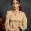 Beige Cotton Tiered Maxi Dress | Machine Embroidered Yoke & Contrast Brown Hem Flared Kurti