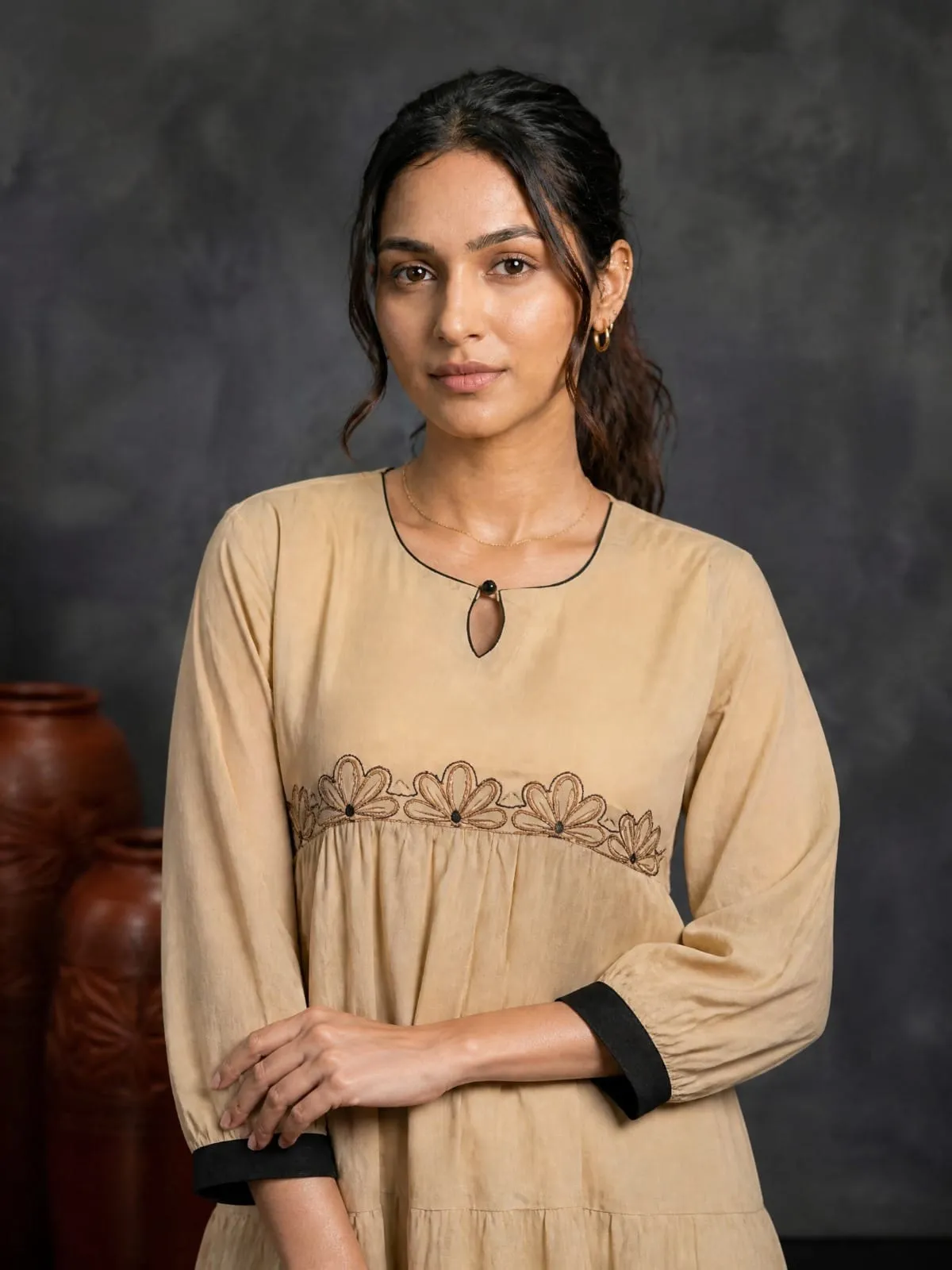 Beige Cotton Tiered Maxi Dress | Machine Embroidered Yoke & Contrast Brown Hem Flared Kurti