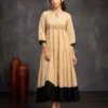Beige Cotton Tiered Maxi Dress | Machine Embroidered Yoke & Contrast Brown Hem Flared Kurti - Image 10