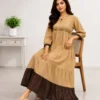 Beige Cotton Tiered Maxi Dress | Machine Embroidered Yoke & Contrast Brown Hem Flared Kurti - Image 11