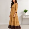 Beige Cotton Tiered Maxi Dress | Machine Embroidered Yoke & Contrast Brown Hem Flared Kurti - Image 12